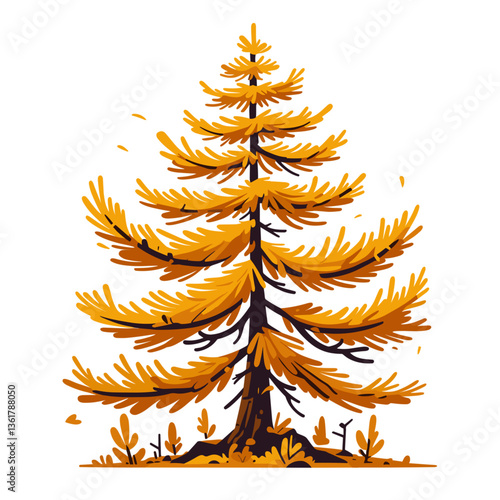 Autumn golden larch tree illustration in warm colors. Ideal for fall season themes and nature conservation materials.