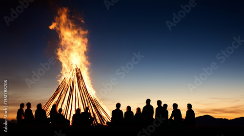 crowd watching easter bonfire or may fire on walpurgis night