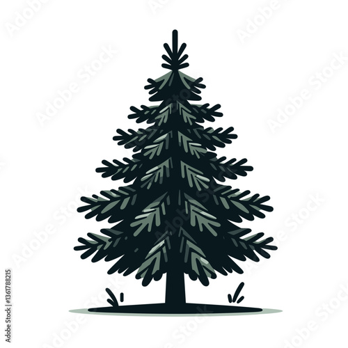 Dark green spruce tree silhouette in simple vector style. Ideal for winter landscapes and forest conservation themes.