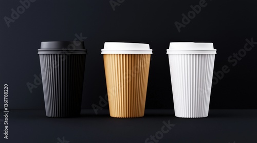 Wallpaper Mural Three coffee cups in black, brown, and white on a dark background, showcasing a minimalist and modern design, Eco-Friendly Packaging  cup. Torontodigital.ca