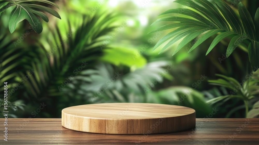 A wooden product display podium with a blurred green leaf background, showcasing nature-inspired design in a serene and earthy setting. A wooden product display podium with a blurred green leaf background, showcasing nature-inspired design in a serene and earthy setting.