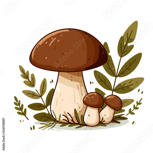 Brown porcini mushroom with smaller mushrooms and ferns. Ideal for forest foraging guides and gourmet cooking illustrations.
