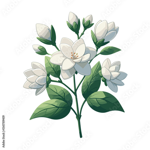 White magnolia branch with buds and green leaves in botanical style. Perfect for elegant design projects, wedding stationery and luxury branding.