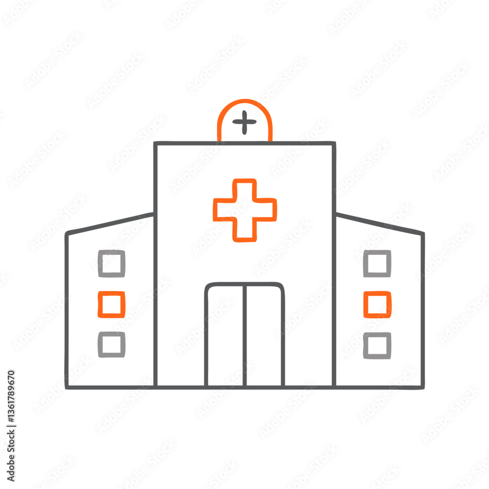 Obraz premium A modern outline drawing of a hospital building with a cross symbol, representing healthcare services, wellness support, and the importance of medical facilities in communities.