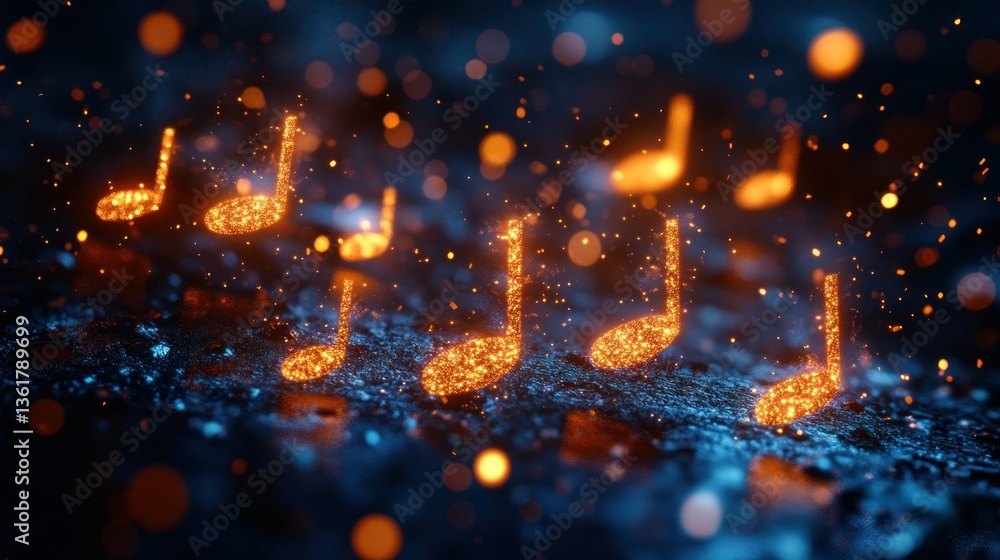 Fototapeta premium Abstract musical notes. Sparkling musical symbols on a dark background