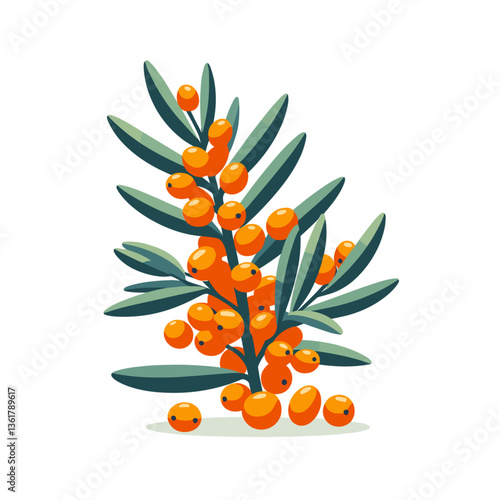 Sea buckthorn branch with vibrant orange berries and green leaves