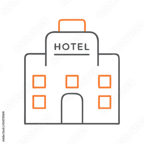 An illustrated hotel building icon, a symbol of hospitality and travel, designed in a minimalist style with clean lines and soft colors, representing accommodations for tourists and travelers.
