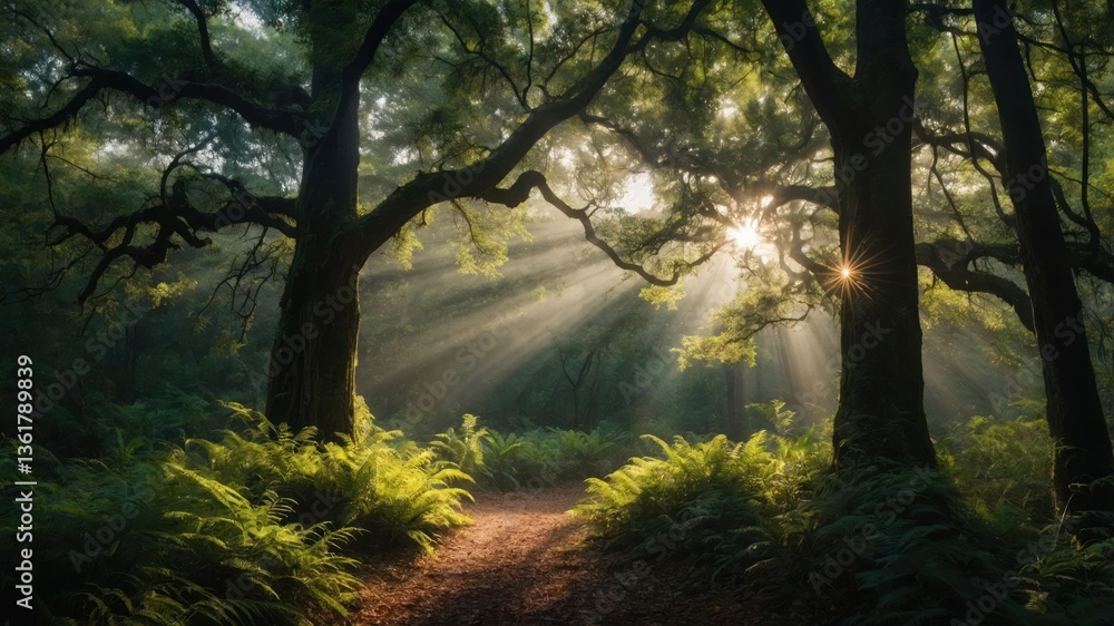 Fototapeta premium A serene forest scene with sunlight filtering through trees, illuminating a path surrounded by ferns.