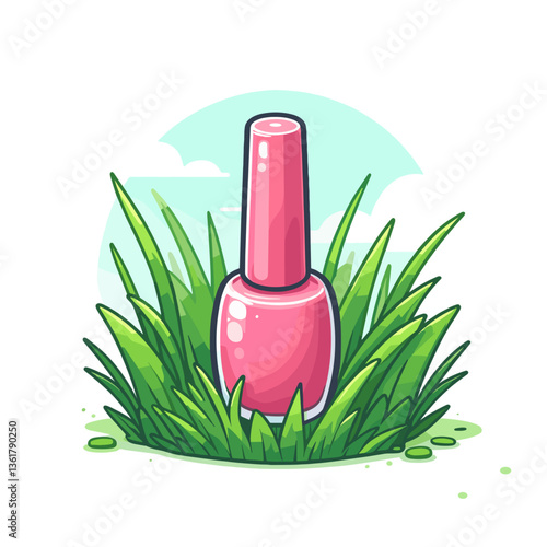 Pink nail polish bottle in green grass on turquoise background. Ideal for beauty brands, natural cosmetics promotions and spring makeover campaigns.