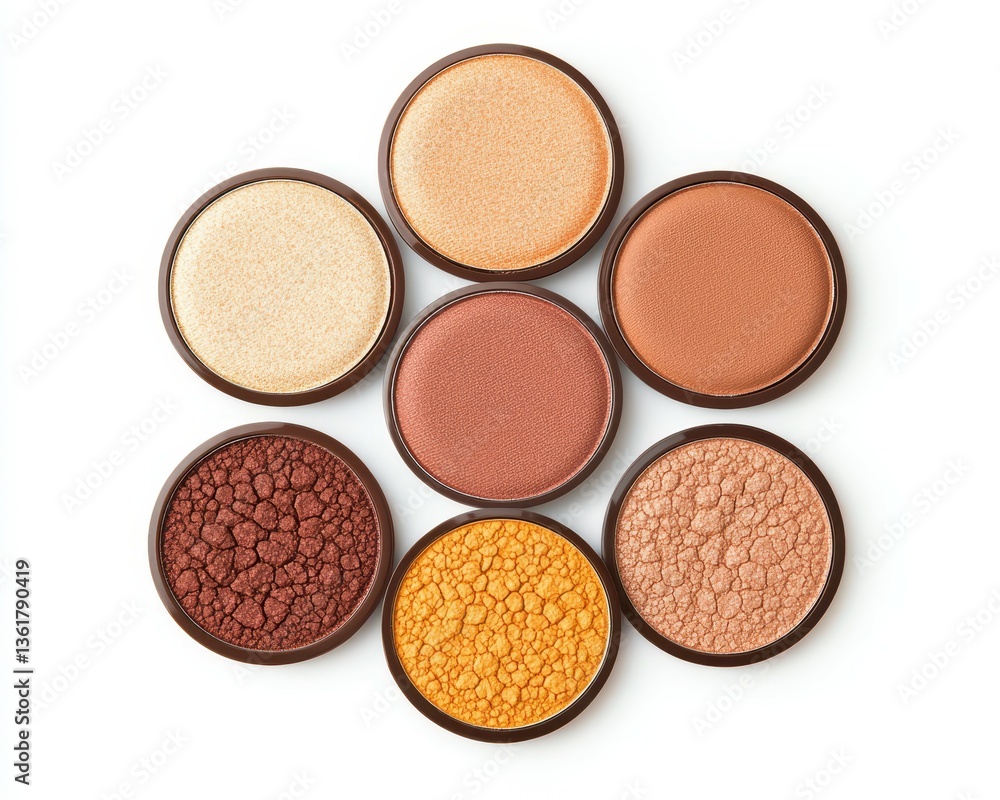 Fototapeta premium Autumn Theme Isolate on White Background Colorful Cosmetic Powder Shades in Round Containers on White Background