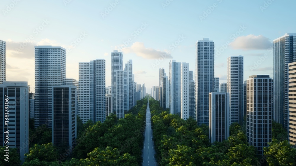 Fototapeta premium Urban development showcase modern skyscrapers city center landscape photography daytime aerial view sustainability concept