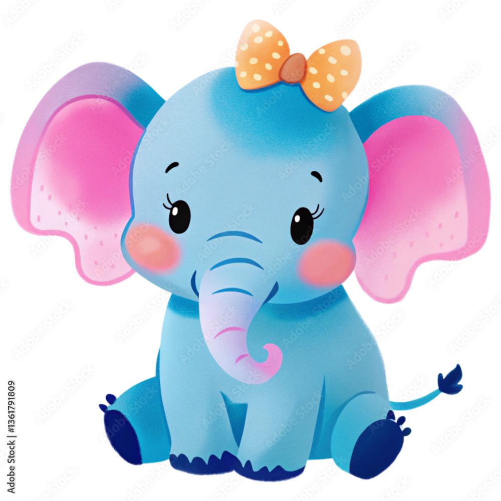 Fototapeta premium Cute cartoon elephant with a bow, featuring vibrant colors and a playful expression, set against a black background.