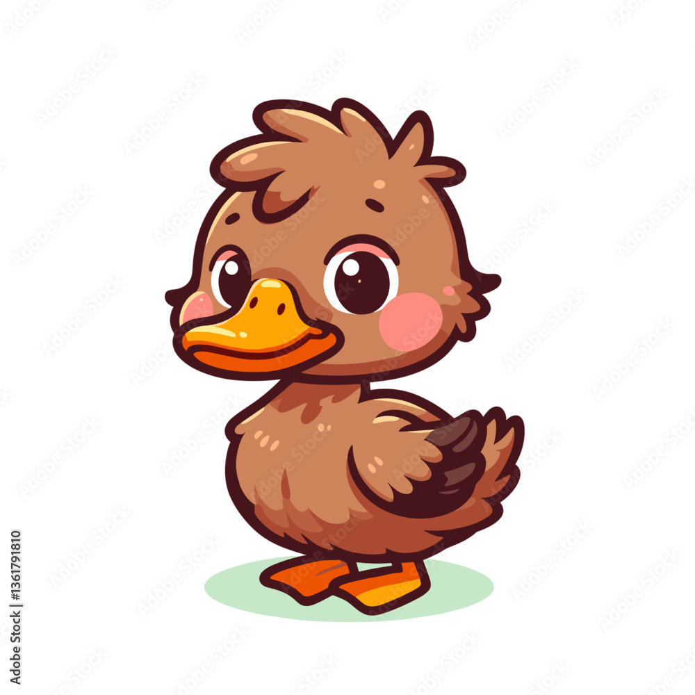 Cute cartoon baby duckling with brown feathers in standing pose. Ideal for children's books and spring seasonal illustrations. Cute cartoon baby duckling with brown feathers in standing pose. Ideal for children's books and spring seasonal illustrations.