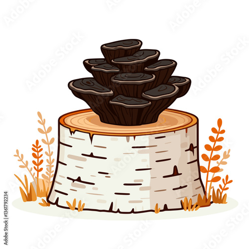 Black mushrooms growing on birch stump in forest setting. Perfect for foraging education, woodland ecosystem illustrations and natural habitat visuals.