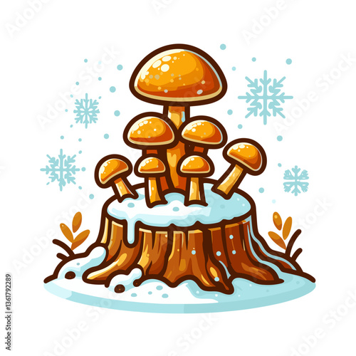 Golden honey mushrooms on snow-covered tree stump in winter setting. Ideal for seasonal foraging guides, cold-weather fungi and forest ecosystem illustrations.