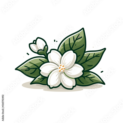 White jasmine flower with green leaves in detailed botanical style. Suitable for aromatherapy product design, natural cosmetics and elegant decoration themes.