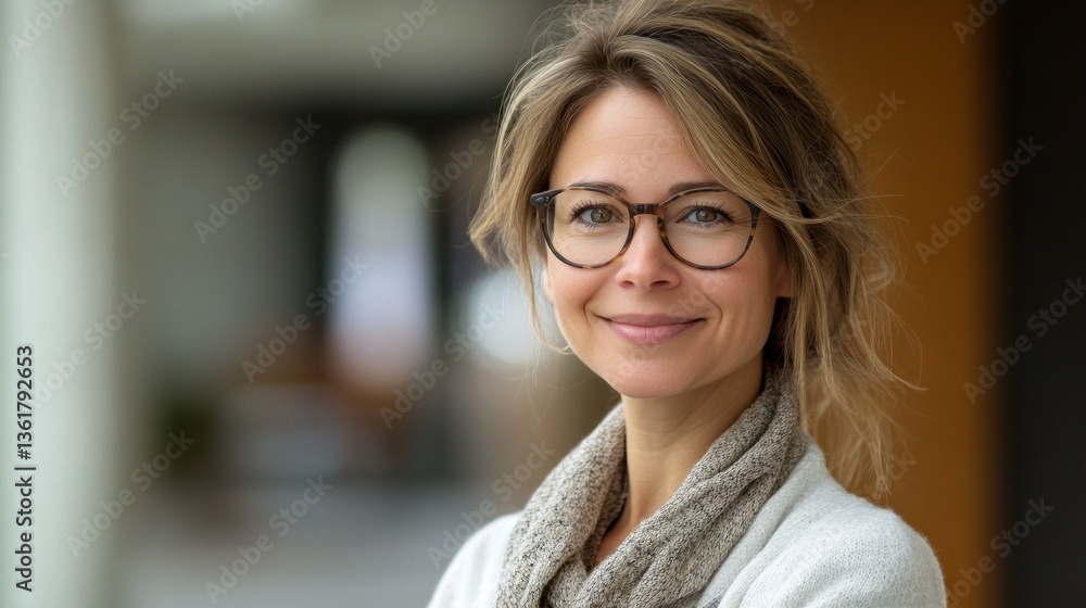 A middle-aged woman with glasses beams with a smile, standing in a well-lit indoor space. She exudes confidence and approachability, dressed casually yet stylishly A middle-aged woman with glasses beams with a smile, standing in a well-lit indoor space. She exudes confidence and approachability, dressed casually yet stylishly