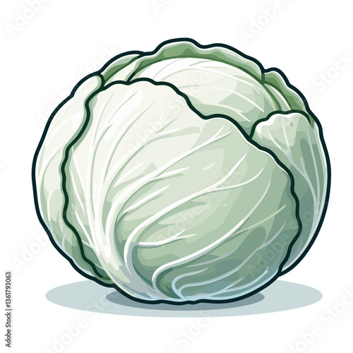Fresh green cabbage head illustration with layered leaves. Ideal for healthy cooking content, vegetable identification guides, and organic farming promotional materials.