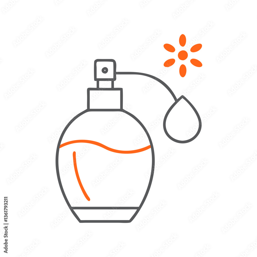 Obraz premium Minimalist line drawing of a perfume bottle with a spray, representing elegance and fragrance, suitable for beauty product advertising, modern art, and lifestyle blogs.