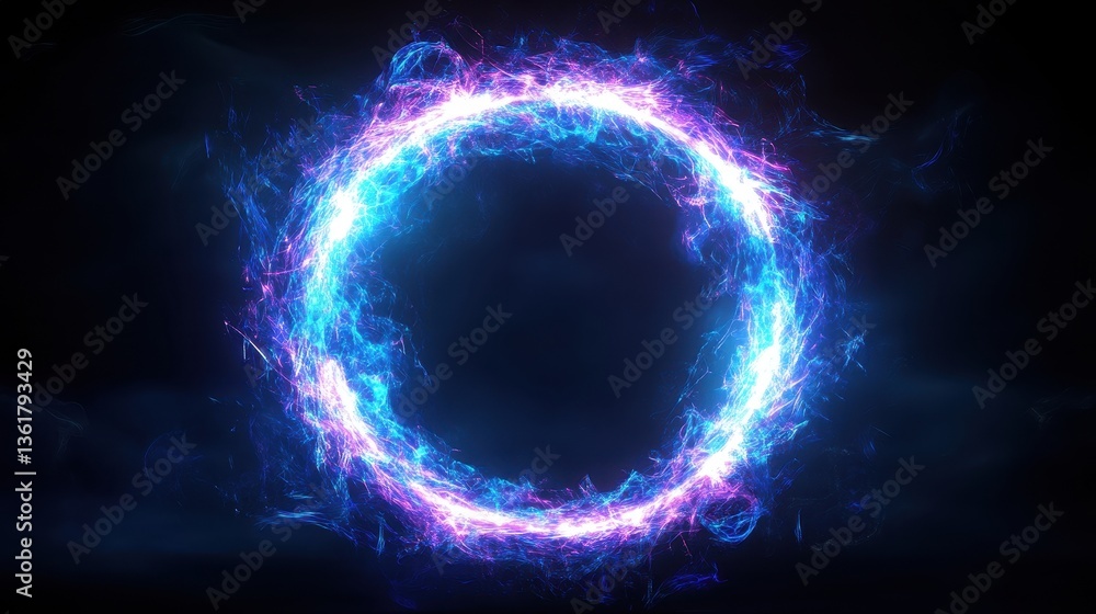 Obraz premium Radiating energy ring encircled by luminous spikes and flares, pulsating with vibrant blue and violet hues in an electrifying display of light and motion