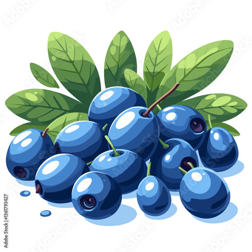 Fresh blueberries illustration with blue fruits, green leaves and water droplets. Perfect for antioxidant-rich food marketing, summer berry promotions, and healthy eating campaigns.