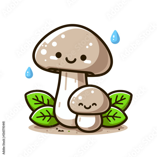 Cute mushroom family with smiling faces and green leaves in kawaii style. Perfect for children's illustrations and forest-themed educational content.