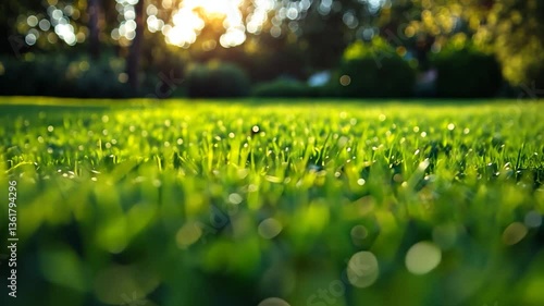 Close-up of Dewy Grass in a Sunlit Garden with Blurred Background