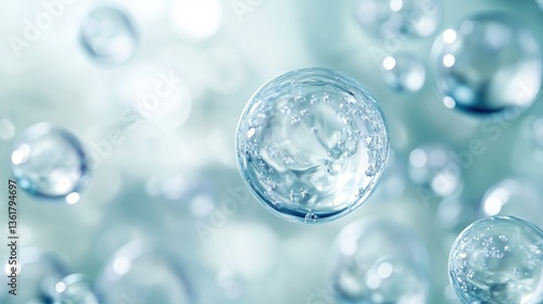 Transparent gel spheres representing skincare ingredients like coenzyme Q10 and hyaluronic acid, with a clean, abstract background for dermatology and beauty applications.