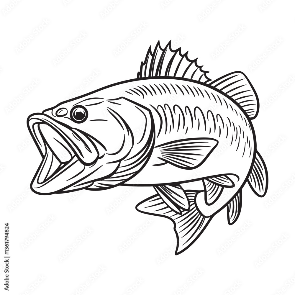 Fototapeta premium Vintage bass fish line art vector illustration isolated on white background