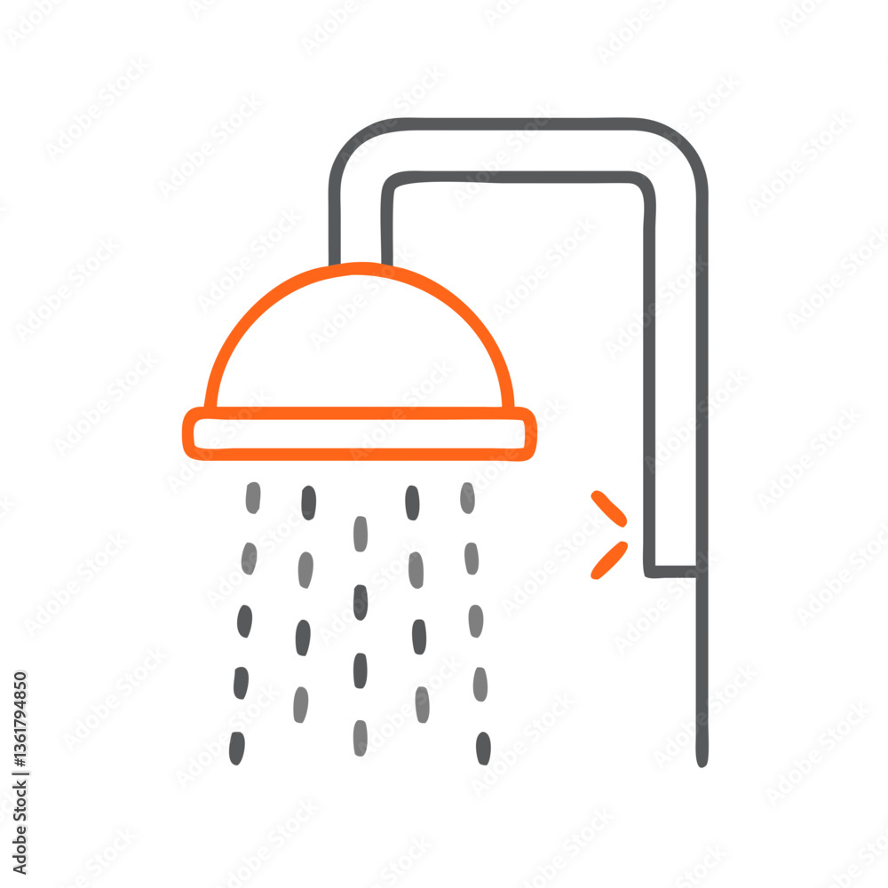 Fototapeta premium A modern showerhead spraying water, minimalist design, sleek lines and orange accents, representing cleanliness and relaxation in a contemporary bathroom atmosphere.