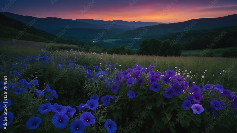 Fototapeta premium A serene landscape featuring vibrant purple flowers against a backdrop of rolling mountains at sunset.
