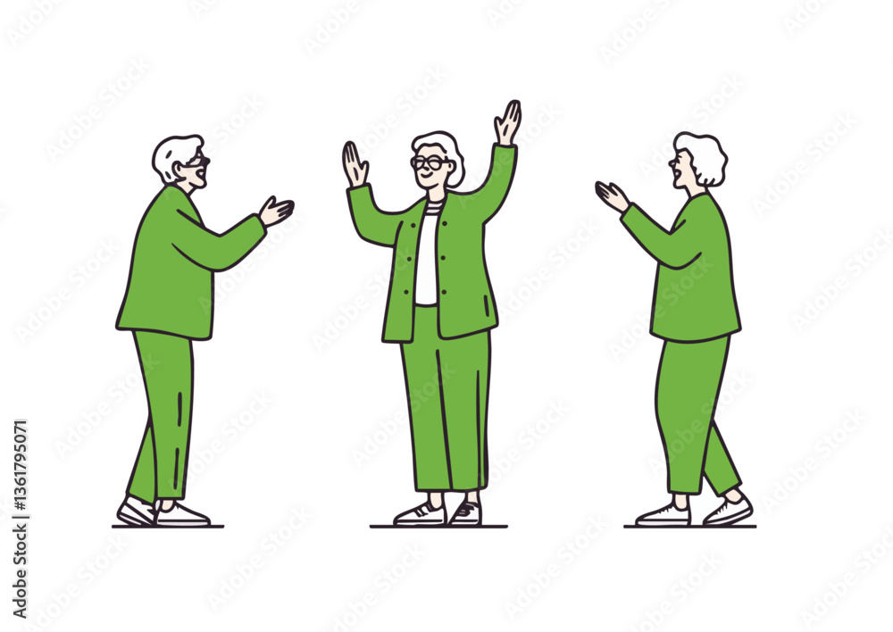 Vector illustration of a set of dynamic gestures by an elderly casually dressed woman Vector illustration of a set of dynamic gestures by an elderly casually dressed woman