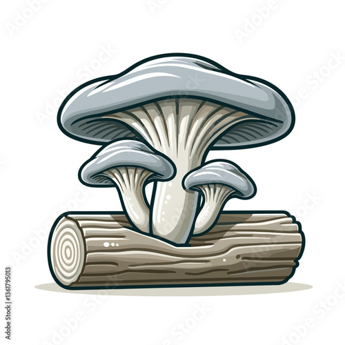Oyster mushrooms on wooden log, natural forest style. Perfect for culinary illustrations, foraging guides or gourmet cooking themes.