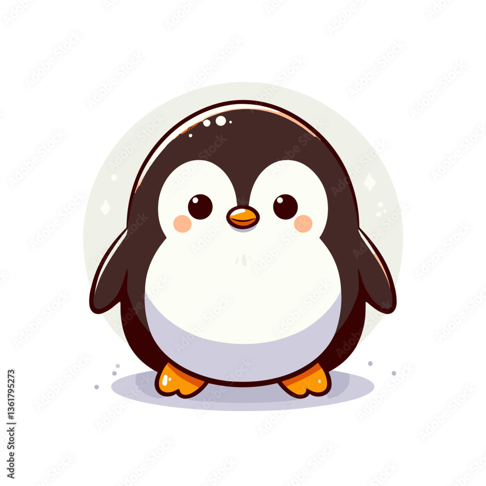 Obraz premium Cute cartoon penguin with round body in simple black and white design. Perfect for winter themes, arctic animal education, and children's character development projects.