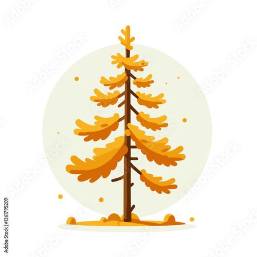 Autumn larch tree with golden needles and circular background. Perfect for fall season themes, deciduous conifer education, and nature transition visualization.