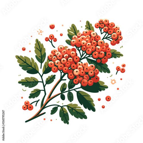 Orange rowan berries branch with green leaves in botanical style. Ideal for autumn harvest themes, seasonal decor inspiration, and natural element graphic collections.