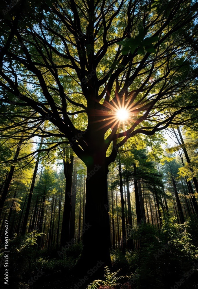 Obraz premium Sunlight dapples a single, majestic tree in a dense, wild forest, flora, landscape, old