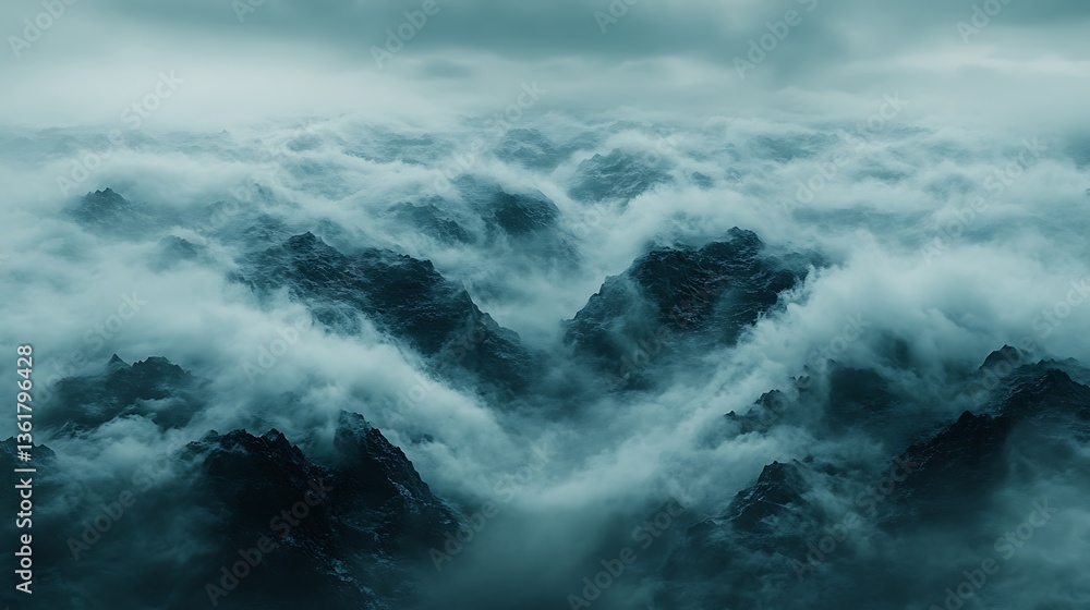 Misty mountain peaks shrouded in thick clouds. Misty mountain peaks shrouded in thick clouds.