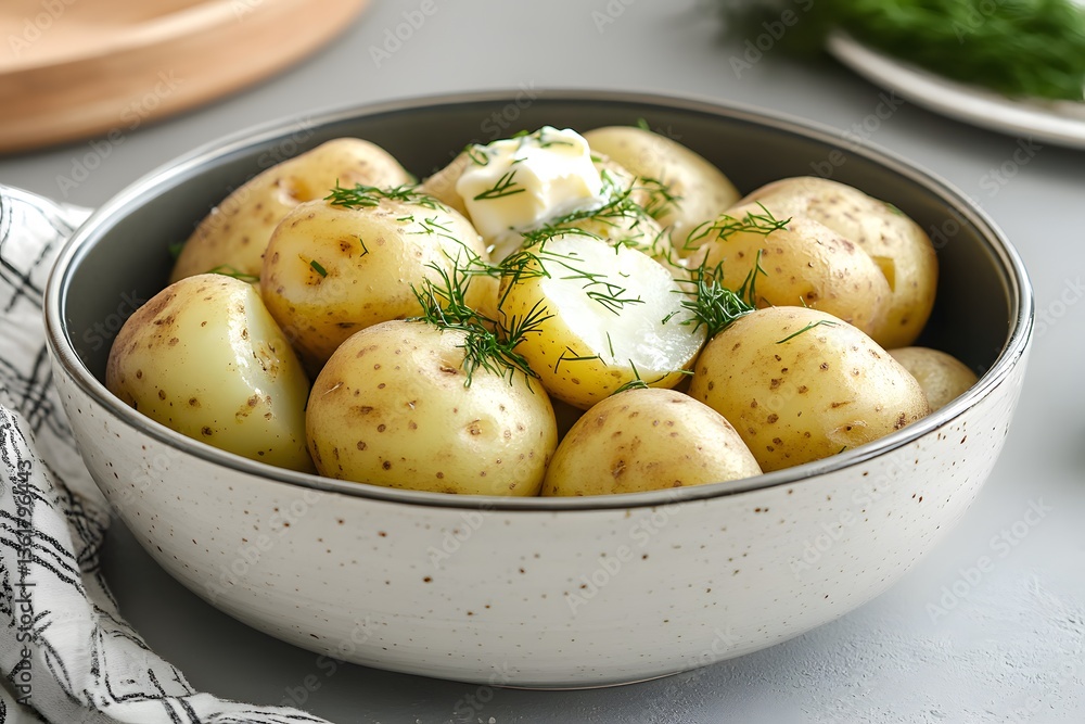 Delicious Boiled Potatoes with Dill and Butter in Bowl Delicious Boiled Potatoes with Dill and Butter in Bowl