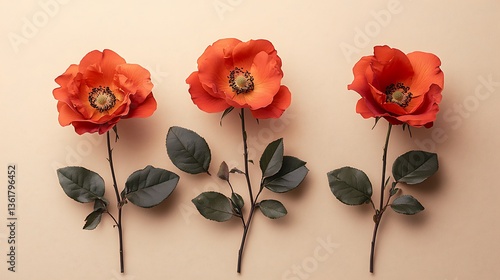 Three beautiful orange flowers with dark green leaves on stems