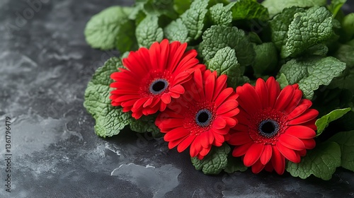 Three red gerbera daisies resting upon vibrant green leaves elegantly