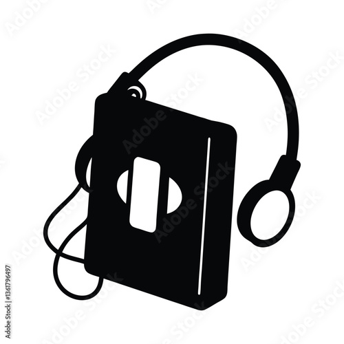 Vector silhouette of a classic walkman with headphones wrapped around it.