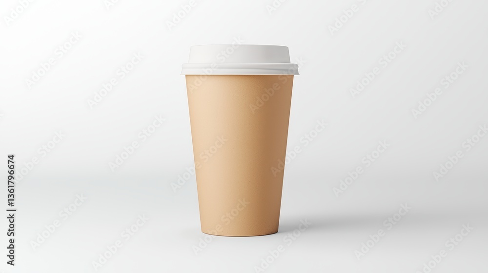 A plain, unused disposable coffee cup stands upright against a minimalistic background, emphasizing its simple design and texture, Eco-Friendly Packaging cup. A plain, unused disposable coffee cup stands upright against a minimalistic background, emphasizing its simple design and texture, Eco-Friendly Packaging cup.