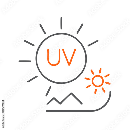 Sun emitting ultraviolet rays with "UV" text and landscape, representing sunlight intensity, UV exposure, and weather conditions
