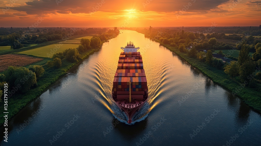 Container ship navigates calm waters of a narrow channel surrounded by green landscapes Container ship navigates calm waters of a narrow channel surrounded by green landscapes