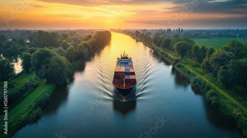 Wallpaper Mural Freight ship navigates calm waterway surrounded by lushFreight ship navigates calm waterway surrounded by lush Torontodigital.ca