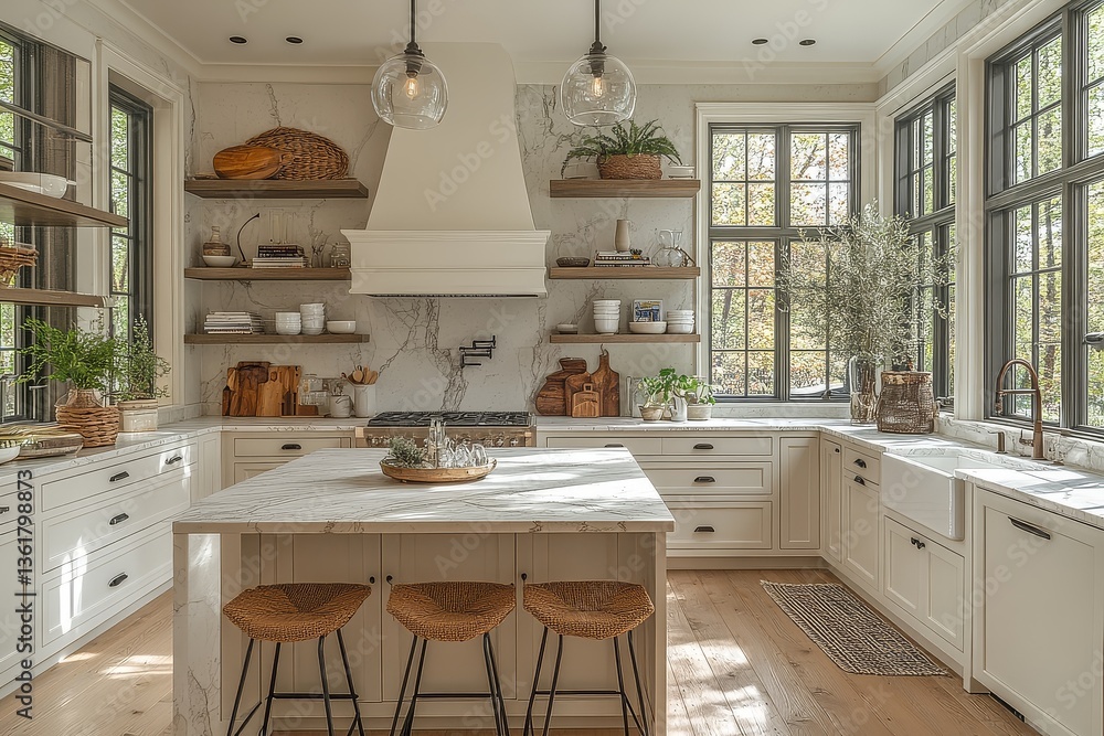 Fototapeta premium Modern Scandinavian kitchen with white cabinets, marble countertop, open shelving, plants, and a small dining table.