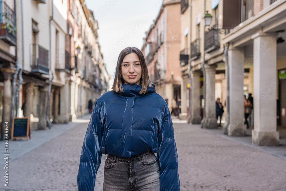 Fototapeta premium Young woman walking in a pedestrian street in a european city center