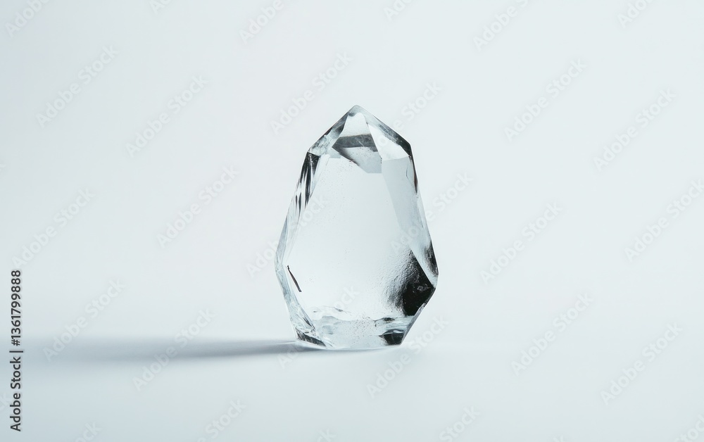 Single, translucent ice crystal on a bright white background. The ice shows intricate facets and a slight shadow Single, translucent ice crystal on a bright white background. The ice shows intricate facets and a slight shadow