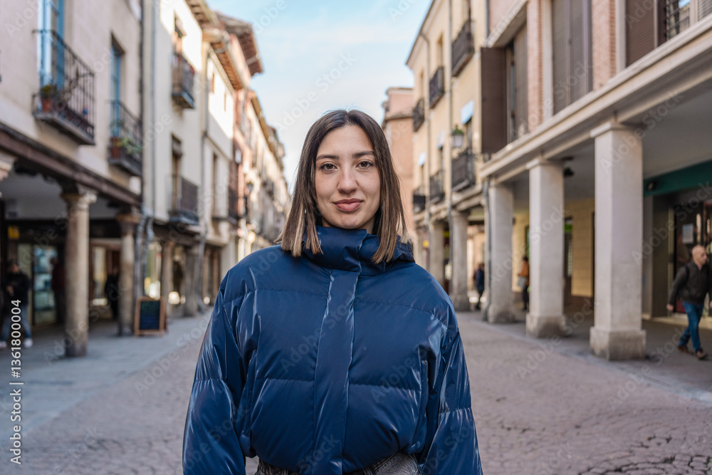 Fototapeta premium Young woman smiling in a medieval city center street